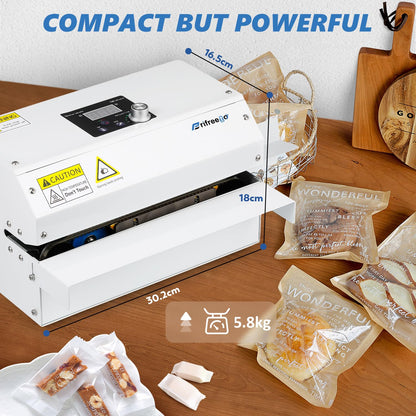 Frifreego Commercial Grade Heat Sealer Automatic Continuous Heat Bag Sealing Machine, Temp&Speed Adjustable, Heavy Duty Horizontal Bag Sealing Machine for Kinds of Plastic Packing Bags, Desktop White