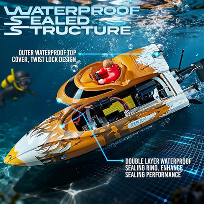 BEZGAR RC Boat 12 inch Self-Righting Remote Control Boat for Kids and Adults 25 KPH Fast RC Speed Boats with 700mAh Battery Ideal Waterproof Toy for Lakes &amp Pools - HJ822 Brown