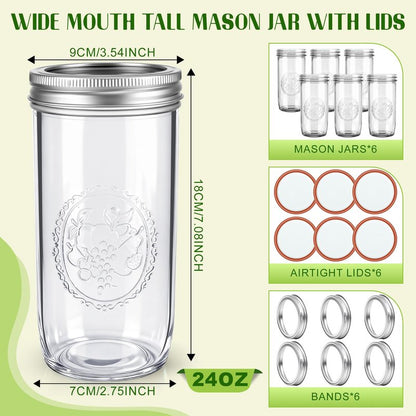 Anwoi Mason Jars 24 oz Wide Mouth with Measurement Marks–12Pack Glass Canning Jars with Airtight Leakproof Lids & Bands, BPA-Free for Meal Prep, Fermentation, Pickling & Storage (clear 6pack 24oz)