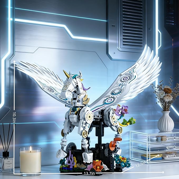 Unicorn Building Set for Adults with Flower Display Mechanical Linkage Rainbow Animal Figures Kit Compatible with Lego Home Office DecorGift for Animal Lovers
