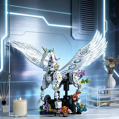 Unicorn Building Set for Adults with Flower Display Mechanical Linkage Rainbow Animal Figures Kit Compatible with Lego Home Office DecorGift for Animal Lovers