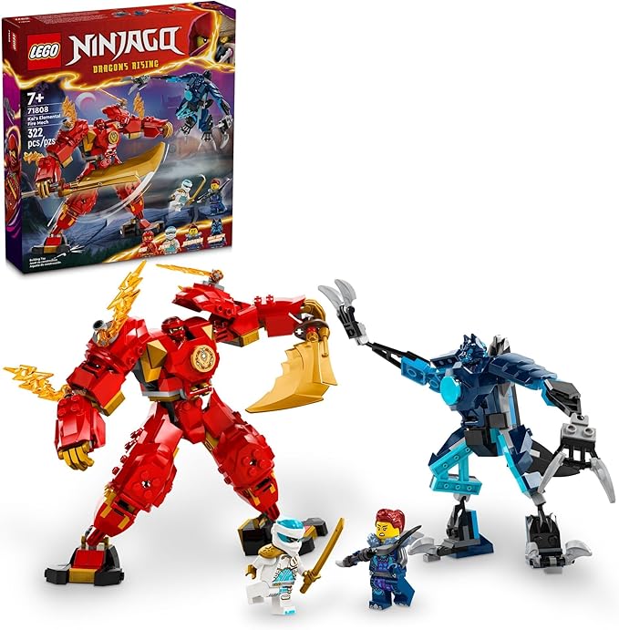 LEGO NINJAGO Kai’s Elemental Fire Mech Action Figure Mini Ninja Toy for Kids with Customizable Red Ninja Figure Plus Kai and Zane Minifigures Adventure Set for Boys and Girls Ages 7 and Up 71808