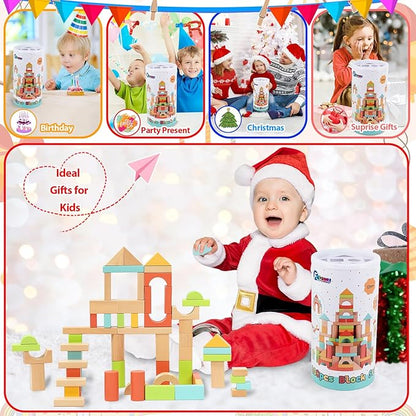 FCSONU Wooden Building Blocks for Toddlers 1-3 100 Pcs Wood Blocks Set - Sorting &amp Stacking Toys with Storage and Lid Kid Montessori Toys Ages 2+ Christmas 1st Birthday Gifts for Boys Girls Bab