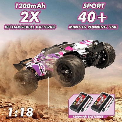 Pink Remote Control Car for Girls 1:18 Fast rc Cars for Girls with 40+ KM/H 4WD Off-Road rc Truck Includes 2 Rechargeable Batteries 8 9 10 11 12 13 Year Old Girl Gifts