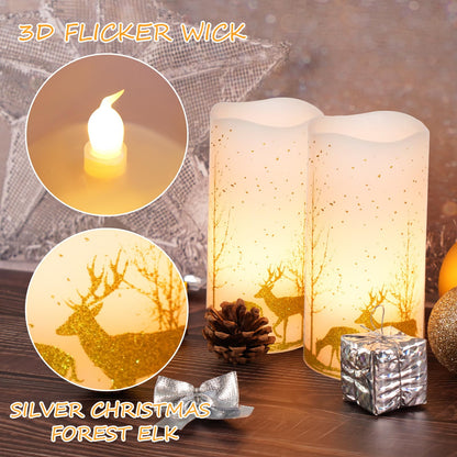 2Pack Christmas LED Flickering Flameless Candles, Battery Operated Wax Candles with Timer Remote, Flameless Pillar Candles with Forest Deer Decal for Home Decorations Christmas Gifts [Gold, 3"X6"]