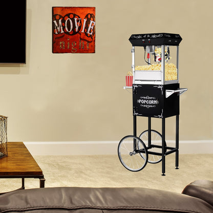 Popcorn Machine with Cart - Foundation 6oz Popper with Stainless-Steel Kettle, Heated Warming Tray, and Old Maids Drawer by Great Northern Popcorn (Black)