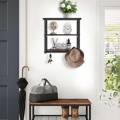 ANYHI Wall Mounted Three-Tier Floating Shelves for Living Room/Bedroom/Kitchen/Bathroom, Wood Floating Shelf with 4 Hooks for Books/Storage/Decor, Bedside Shelves, Black Nightstand