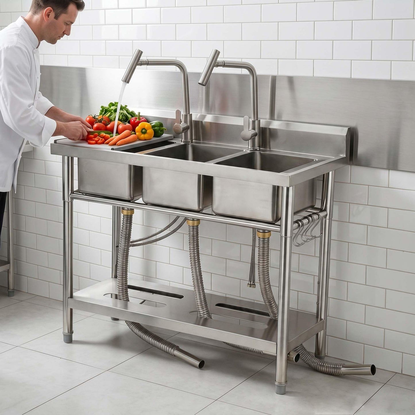 Utility Sink Freestanding Three Bowl Stainless Steel Sink, 39 x 18 x 36 Inch, No Drawer Stand and Two T-Shaped Faucets, Laundry Sink for Kitchen, Bathroom, Garage and Patio