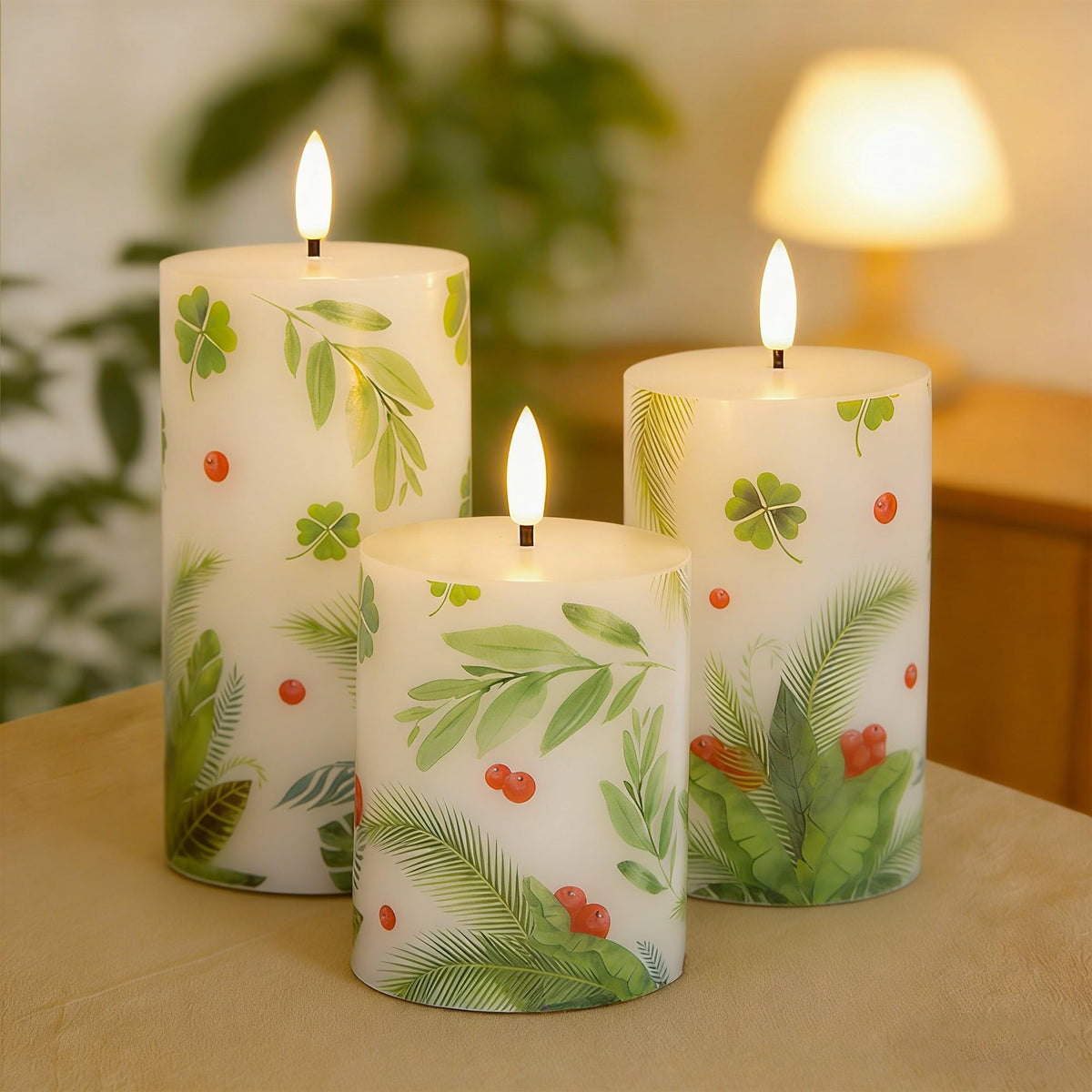 JOIONE Flameless Pillar Candles with Remote, 3 Pack Battery Operated Real Wax Green LED Candles, Perfect for Spring Summer Home Decorations Fireplace Table, Shamrock