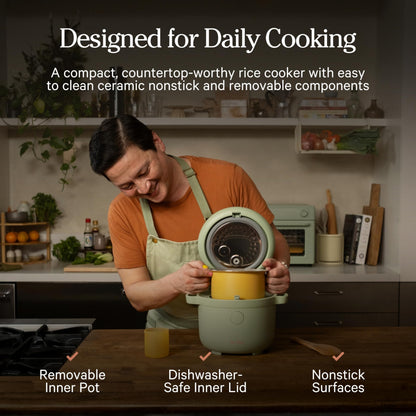 Our Place Rice Cooker | Compact Rice Cooker 3-Cup Uncooked / 6-Cup Cooked with Ceramic Nonstick Inner Pot | Fuzzy Logic Multi-Cooker for White & Brown Rice, Oatmeal & Grains | Delay Timer & Auto Keep Warm | Steam