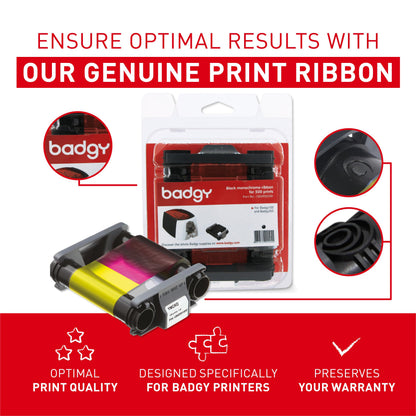 Badgy200 Plastic Card Printer with Badge Studio+ ID design software for full color, custom, tamper proof ID badges in seconds