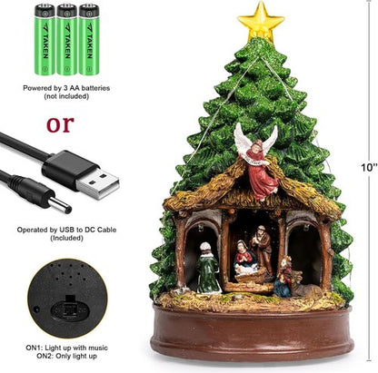 Candieslife Musical Christmas Tree - Rotating Nativity Scene with LED Star Light | Tabletop Holiday Decor