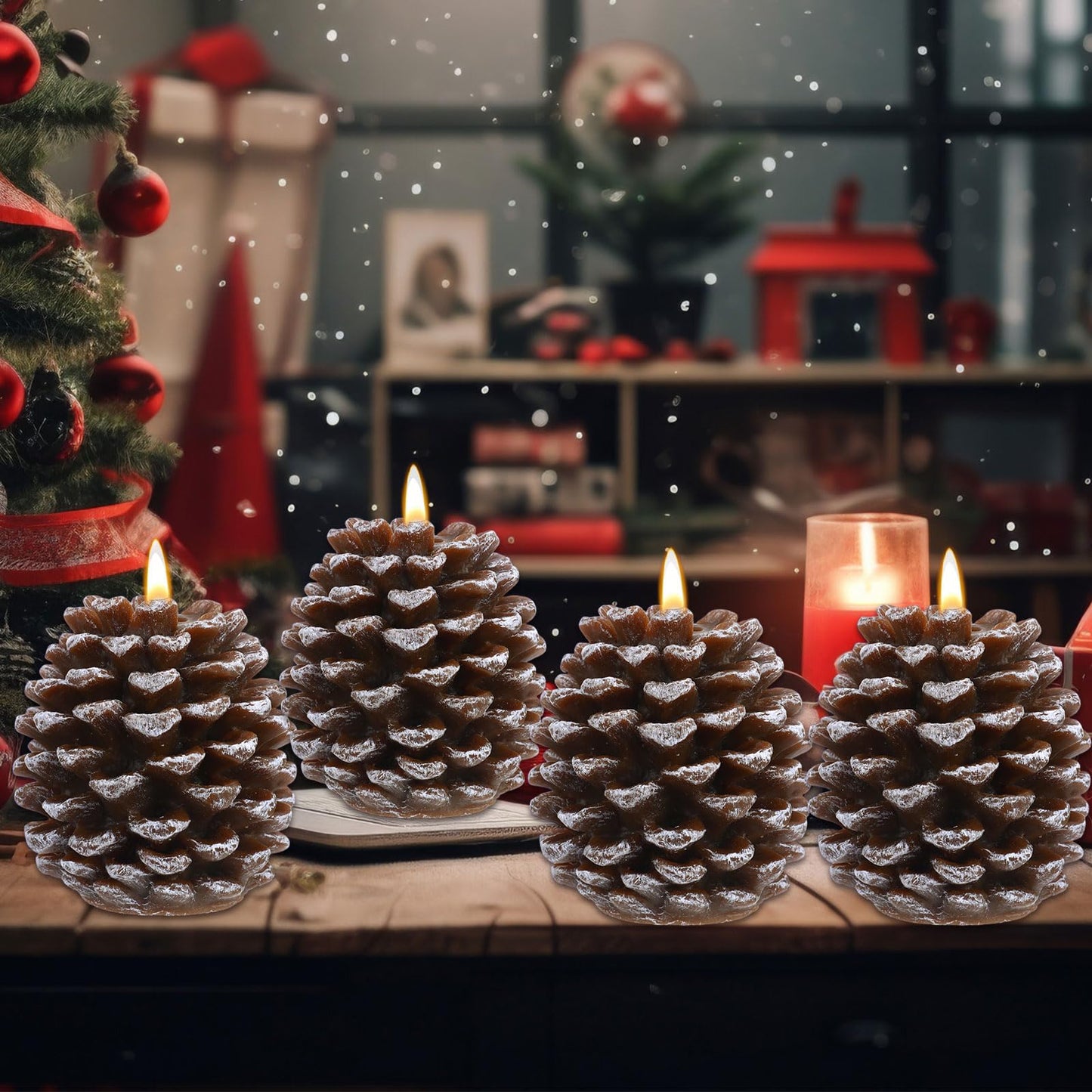 Baquler 4 Pcs LED Pine Cone Candles, Battery Operated, Flameless, Real Wax Pine Cone Candles with LED Flickering for Christmas Party Decoration