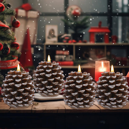 Baquler 4 Pcs LED Pine Cone Candles, Battery Operated, Flameless, Real Wax Pine Cone Candles with LED Flickering for Christmas Party Decoration
