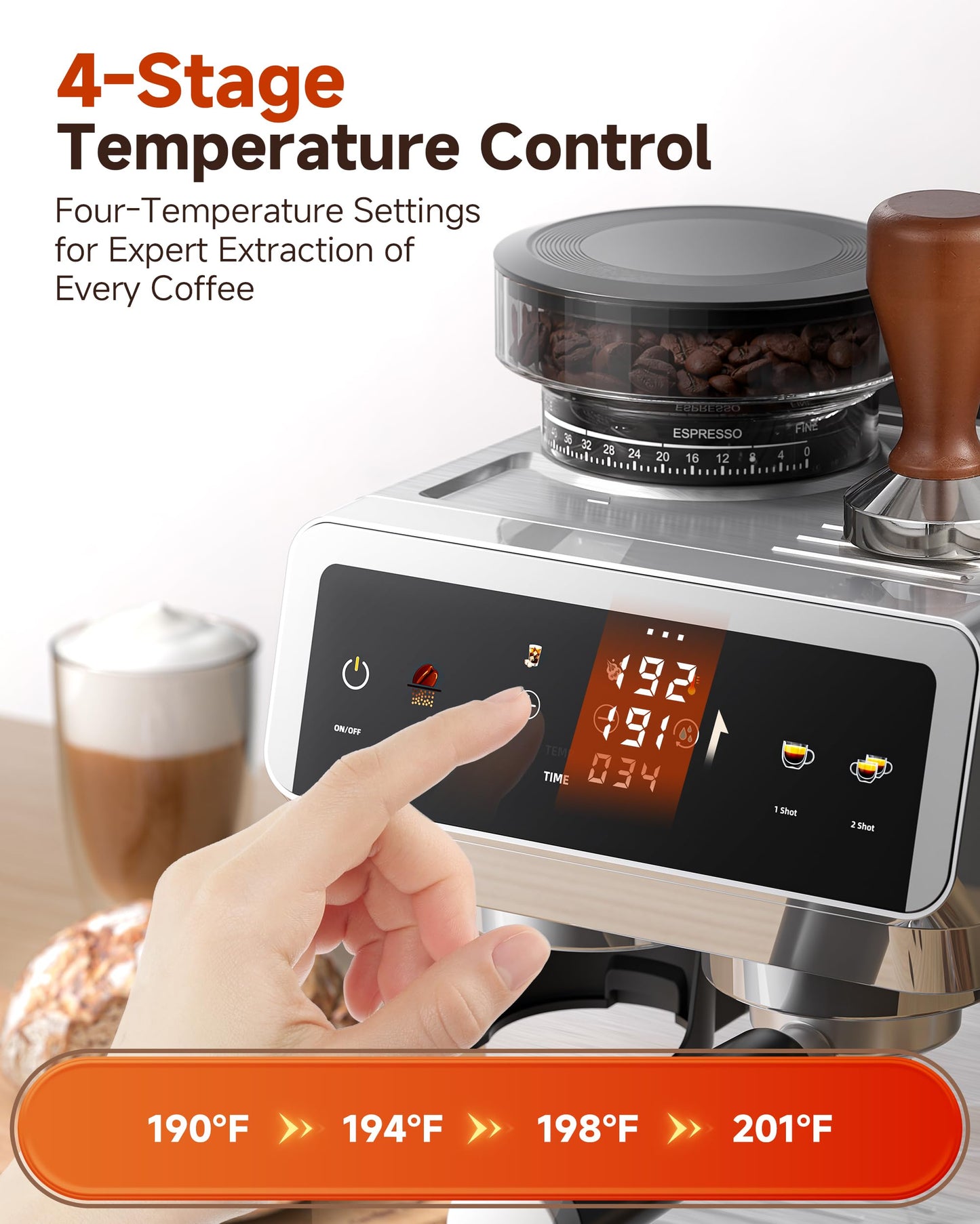 AMZCHEF Espresso Machine With Grinder, 44 Grind Settings 20 Bar Coffee Machine