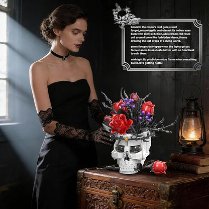 Skull Roses Flowers Building Set for Adults Gothic Horror Skeleton with Red Bouquet Botanical Collection Home Art Decor Gift for Women Girls