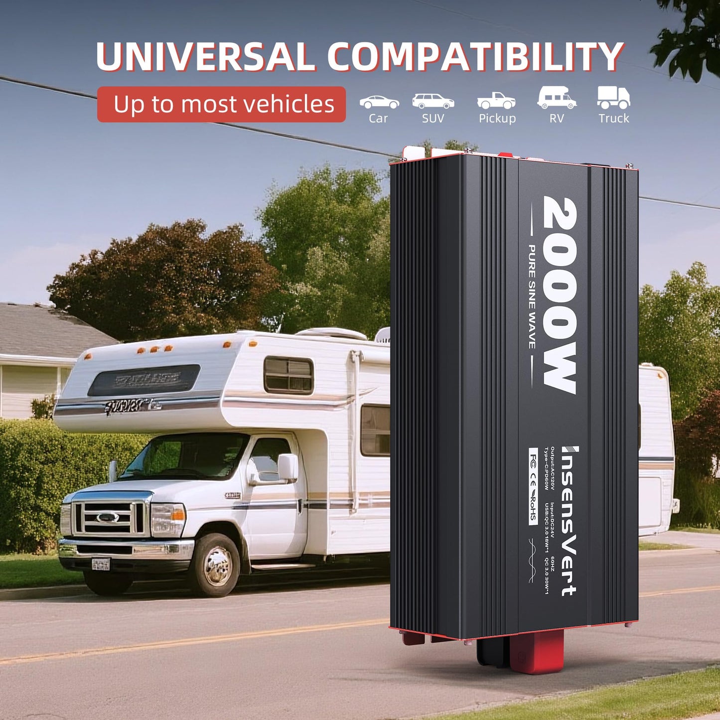 2000 Watt Pure Sine Wave Power Inverter DC 24V to 120V AC, with 2 AC,18W USB, and 30W Type-C Charging Ports, Car Solar Power Inverters with LCD Display for Home RV Truck
