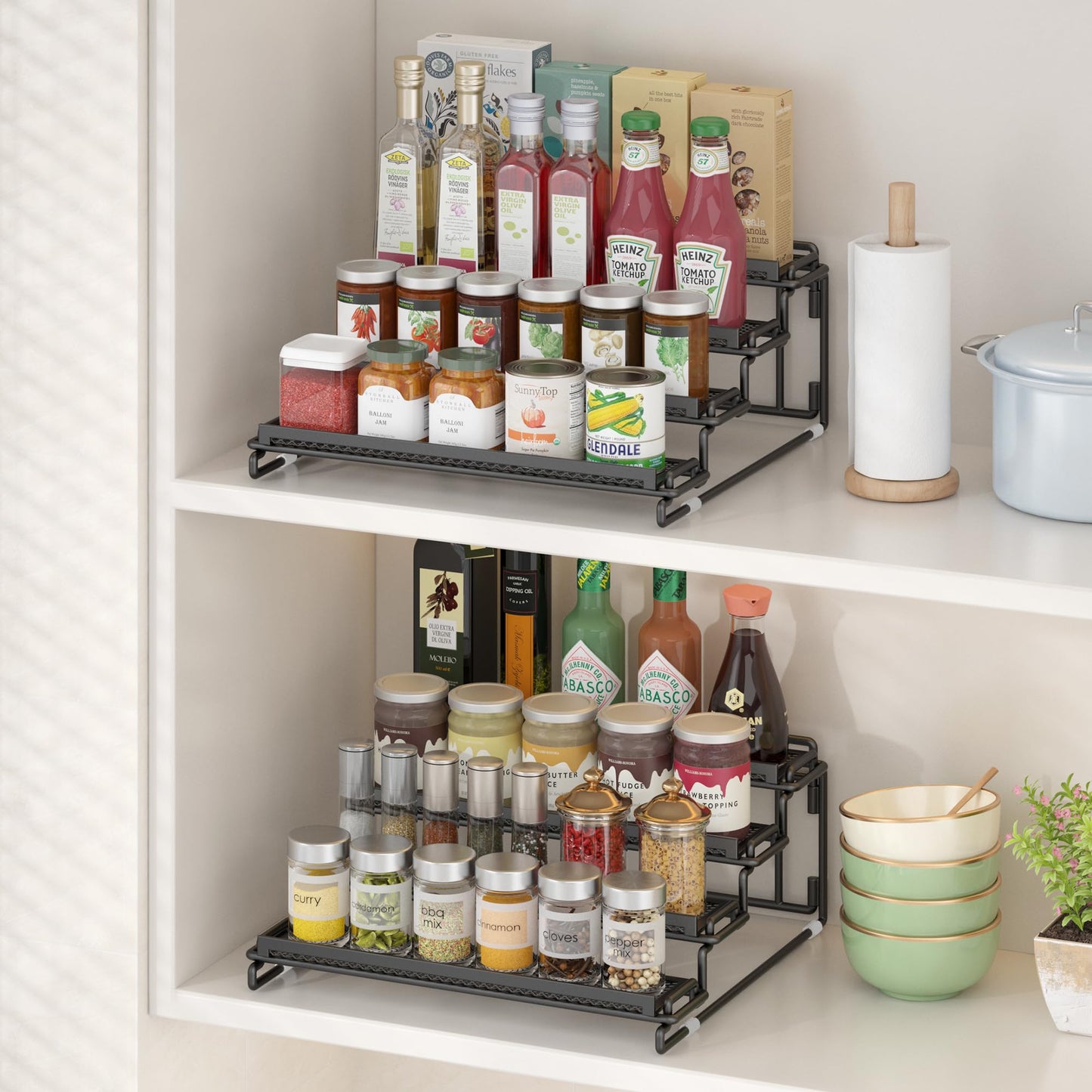 LUHENPING 2 Pack Spice Rack Organizer for Cabinet, 4 Tier Black Seasoning Organizer Rack for Inside Cabinets, Countertop, Pantry Storage