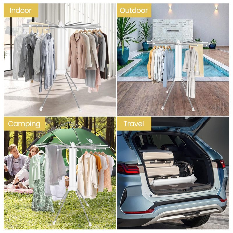 Pheluoca 4-Legged Clothes Drying Rack Foldable Drying Rack Clothing,Portable Laundry Drying Racks with 4 Pulleys & 16 Rack for Drying Clothes, Indoor, Balcony,Poolside,Camping,White