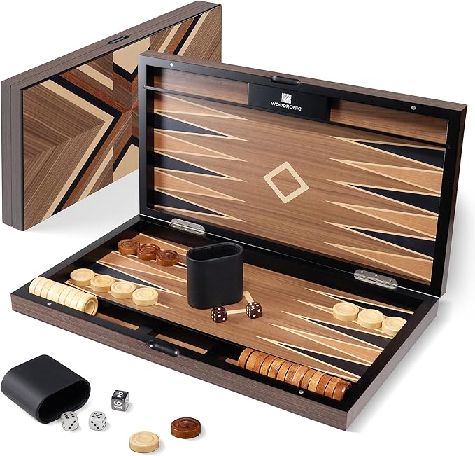 Wood Backgammon Set for Adults – 15 Inch Classic Board Game Case - Premium Folding Backgammon Set with Oversize Wooden Playing Pieces Dices - Portable Travel Backgammon Game Set for Adults