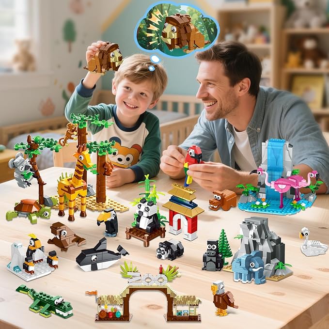 HOGOKIDS 25 Animals Zoo Building Set with Play Mat - 8 Pack Zoo Scene modules Blocks Toy for Easter Valentines Day Party Favors Classroom Prizes Fillers Birthday Gifts for Kids Boys Girls 6+ (1460PCS)