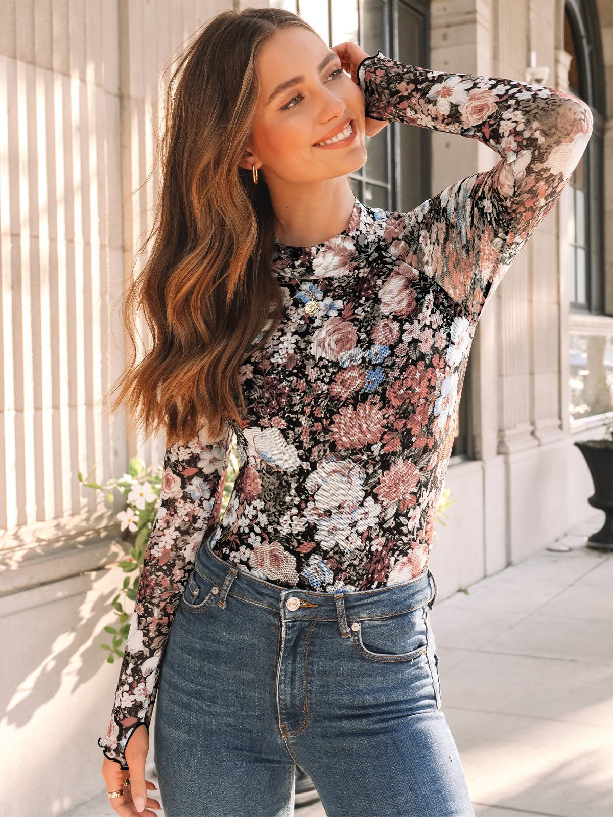 Dealmore Lace Sheer Long Sleeve Floral Mesh Mockneck Trendy Cute Going Out Tops for Women Fall Fashion Outfits 2025 Clothes Floral Fierce XS