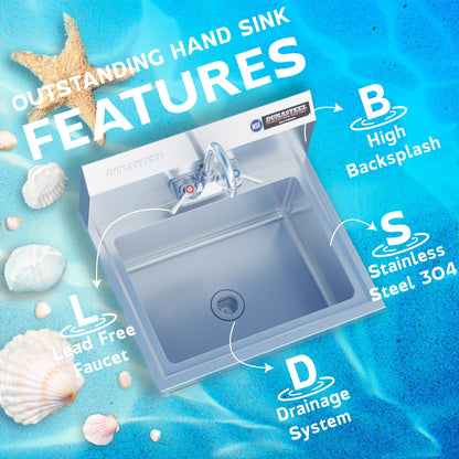 DuraSteel 304 Stainless Steel Wall Mount Sink - Commercial Hand Washing Sink - NSF & CEC Certified with Lead-Free Faucet - For Restaurants, Kitchens, Bars, Restroom