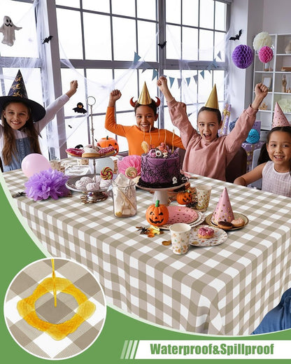 Smiry 8 Packs Gingham Disposable Table Cloth, 54 x 108 Inch Waterproof Plastic Tablecloth, Rectangle Khaki and White Checkered Table Covers for Outdoor, Birthday, Party