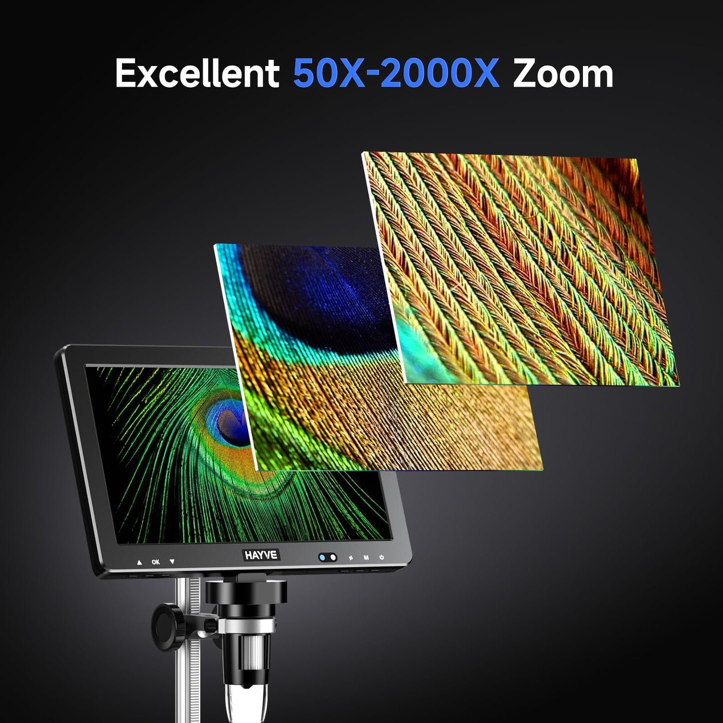 Hayve DM12 10.1'' HDMI Digital Microscope, 2000X Coin Microscope with IPS Screen, 20MP Soldering Microscopes for Electronics with 10.4'' Longer Stand,Compatible with PC/TV