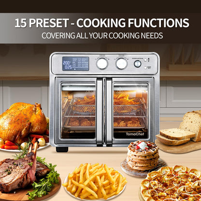 TomaChef 26QT French Door Air Fryer Toaster Oven Combo, 15 Cooking Functions including Rotisserie, and Digital Controls, 30 Recipes & 5 Accessories, Stainless Steel Finish