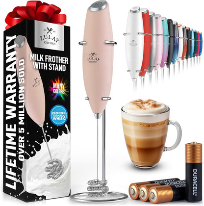 Zulay Kitchen Tornado Triple Whisk Milk Frother - Handheld Foam Maker for Coffee & Lattes - Spritz Pink with 4 Duracell Batteries