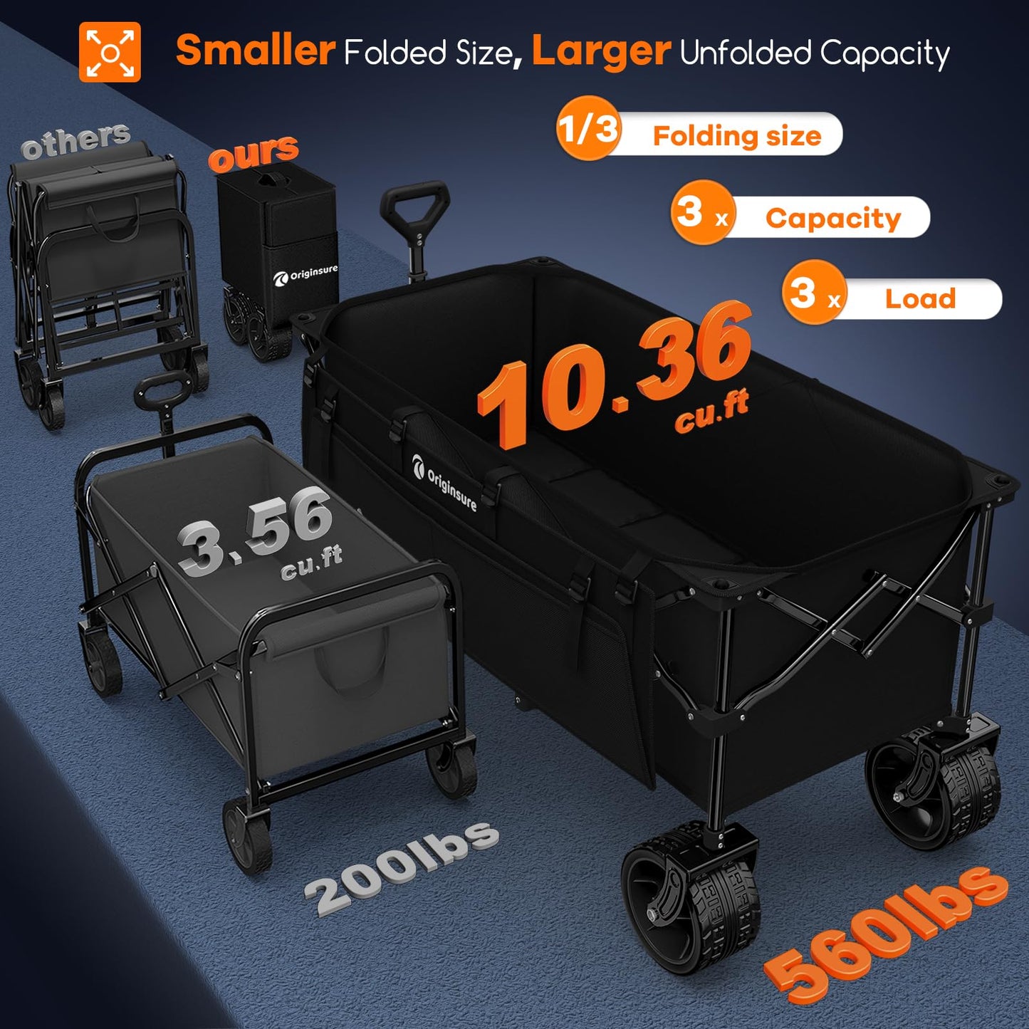 48" L Collapsible Wagon Cart Foldable, 560LB Weight Capacity 300L Heavy Duty Folding Beach Wagons with Big All-Terrain Wheels, Utility Carts for Groceries, Shopping, Camping, Sports - Black