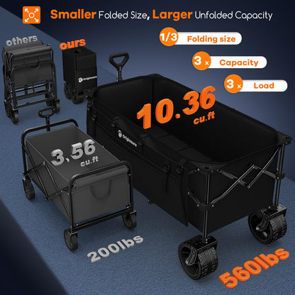 48" L Collapsible Wagon Cart Foldable, 560LB Weight Capacity 300L Heavy Duty Folding Beach Wagons with Big All-Terrain Wheels, Utility Carts for Groceries, Shopping, Camping, Sports - Black