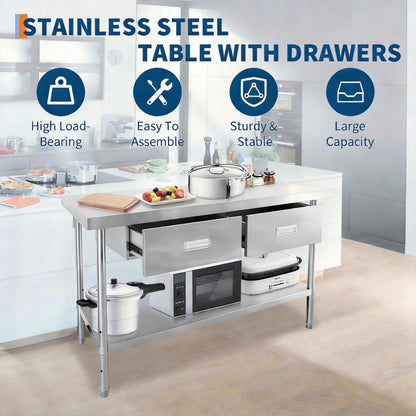 Stainless Steel Table with 2 Drawers, 48" x 24" Prep Table for Commercial Kitchen, Heavy-Duty NSF Work Tables Workbench with Adjustable Undershelf for Home Kitchen Restaurant Garage Warehouse