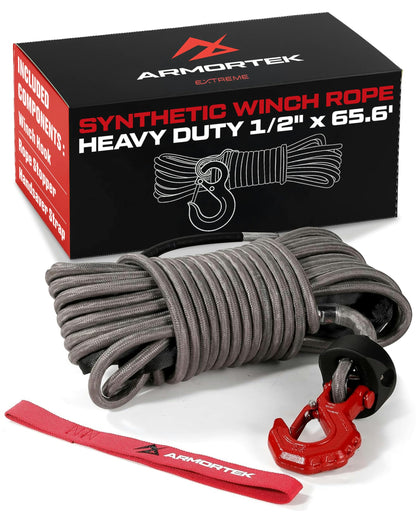 Armortek Extreme Synthetic Winch Rope Heavy Duty Tow, 1/2" x 65.6' Winch Cable, Abrasion Resistance – Ultimate Winch Rope Kit, for Car, Truck