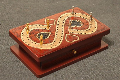 PALM ROYAL HANDICRAFTS 2 Track Cribbage Board Game Set with Magnetic Pull Drawer Playing Cards - Metal Pegs - Storage Available Travel Portable Cribbage Game Sets for Family. (Size - 6.5 x 4).