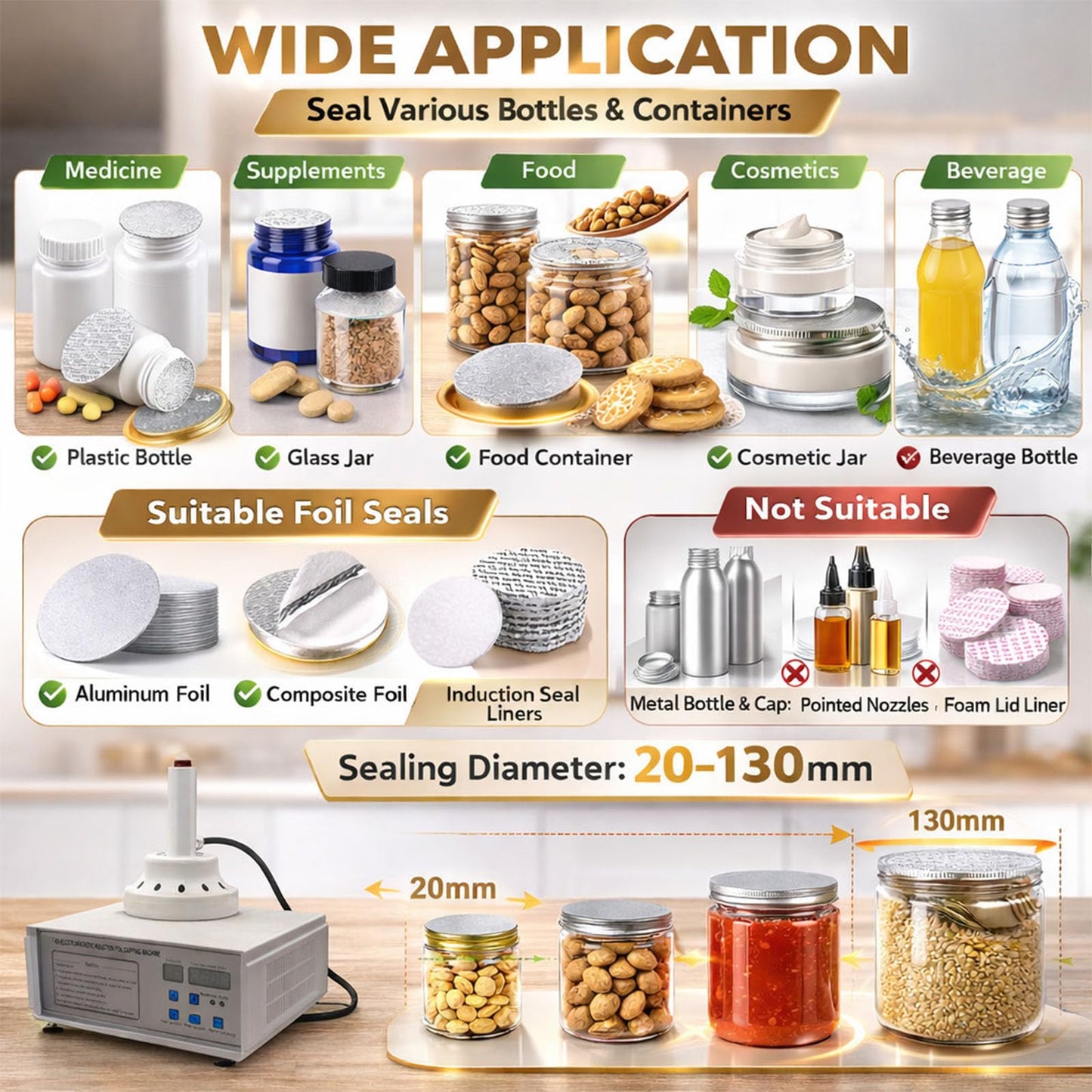 20–130mm Induction Heat Sealer, Portable Handheld Bottle Cap Sealing Machine for Plastic & Glass Bottles, Induction Sealing Machine 110V