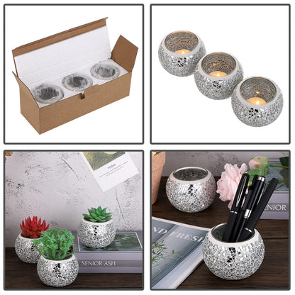 OwnMy 3PCS Mosaic Glass Tea Light Holders Round Bowl Votive Candle Holders Pillar Candle Stands, Silver Glass Mosaic Tealight Holders Potted Plant Bowl Vase Candle Centerpiece for Dining Table Wedding