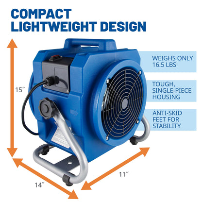 BlueDri Portable 1/5 HP, 870 CFM Mini Axial Air Mover Fan with Wall Mount Option for Water Damage, Drying and Ventilation, Blue, MA-870, Small