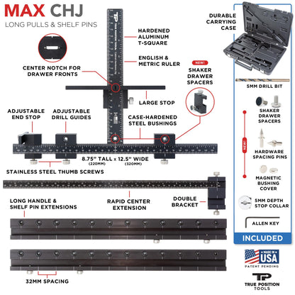 MAX Cabinet Hardware Jig - Install Long Pulls and Shelf Pin Holes - Made In USA - Hand Calibrated by True Position Tools