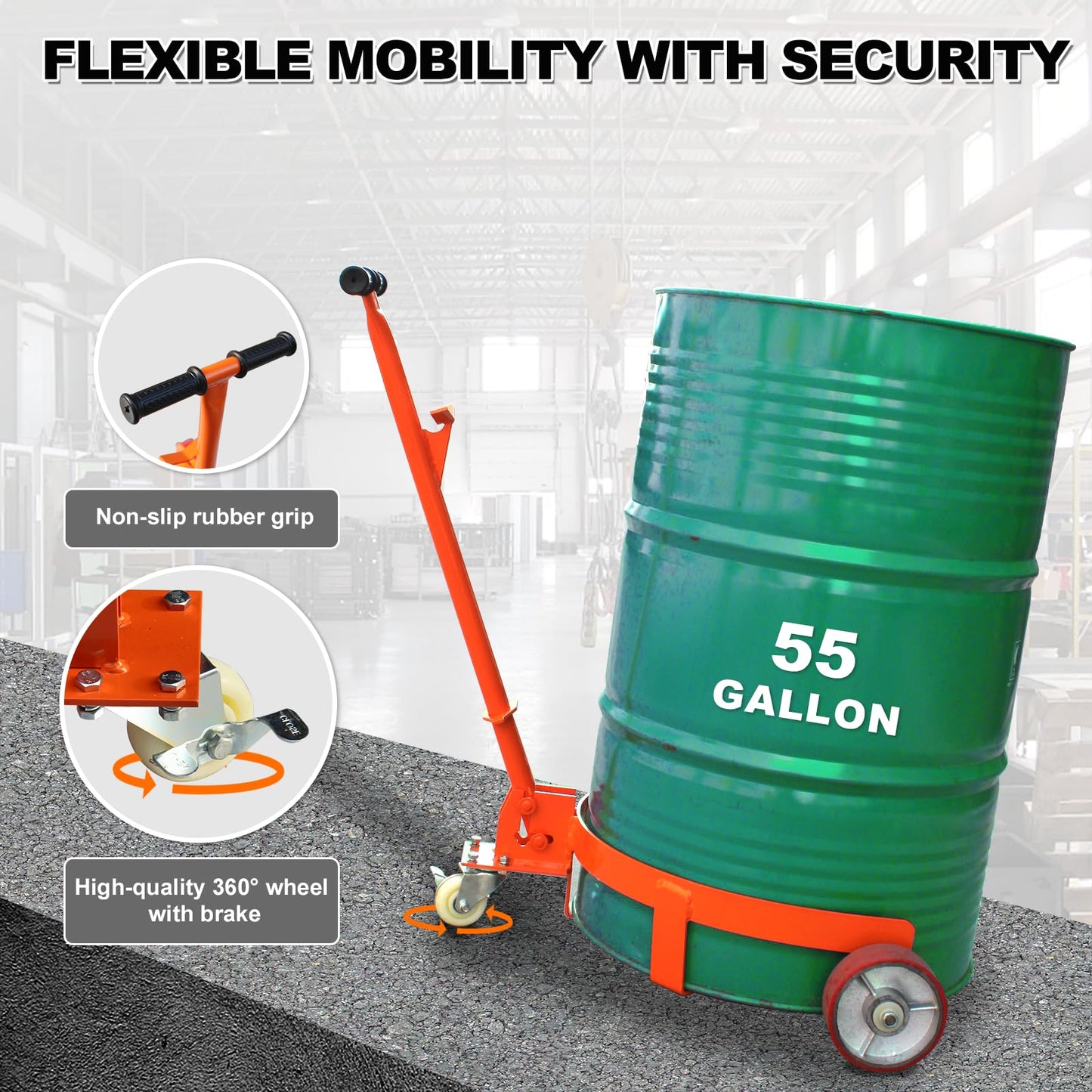 55 Gallon Drum Dolly, 1200 lbs Load Capacity, Adjustable Handle Barrel Dolly Cart with One 360° Swivel Lockable Wheel, Low Profile Steel Oil Drum Caddy for Warehouse, Workshop, Factory, Dump Station