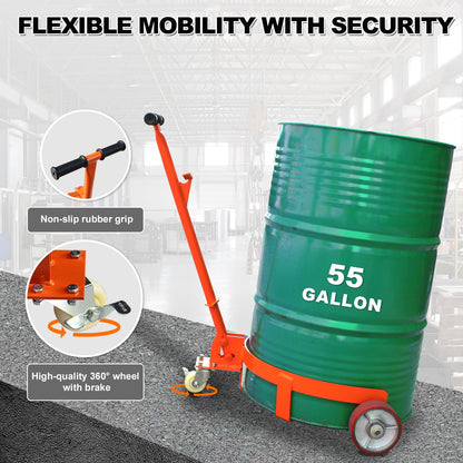 55 Gallon Drum Dolly, 1200 lbs Load Capacity, Adjustable Handle Barrel Dolly Cart with One 360° Swivel Lockable Wheel, Low Profile Steel Oil Drum Caddy for Warehouse, Workshop, Factory, Dump Station