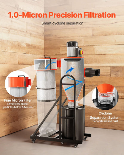 VEVOR Dust Collector, 763 CFM 1 Micron Cyclone Dust Collector, 1.5HP Dusts Collection System with 12.5-Gallon Dust Collector Bag & Base Stand, Smart Cyclone Separation, Dusts Separator for Woodworking