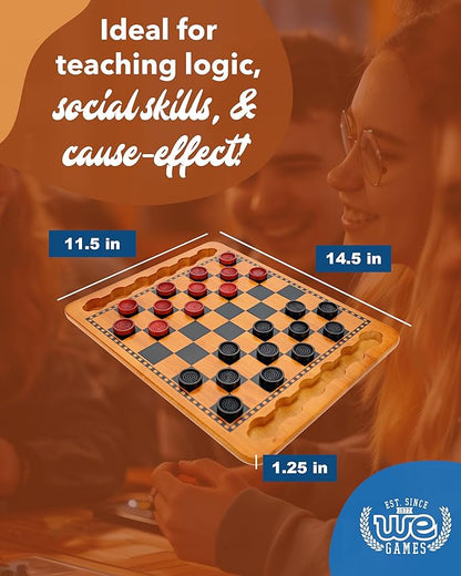 WE Games Solid Wood Checkers Board Game – 14.5-Inch Vintage Checkers Set with Inset Grooves &amp 24 Red &amp Black Board Game Pieces – Fun Family Table Game