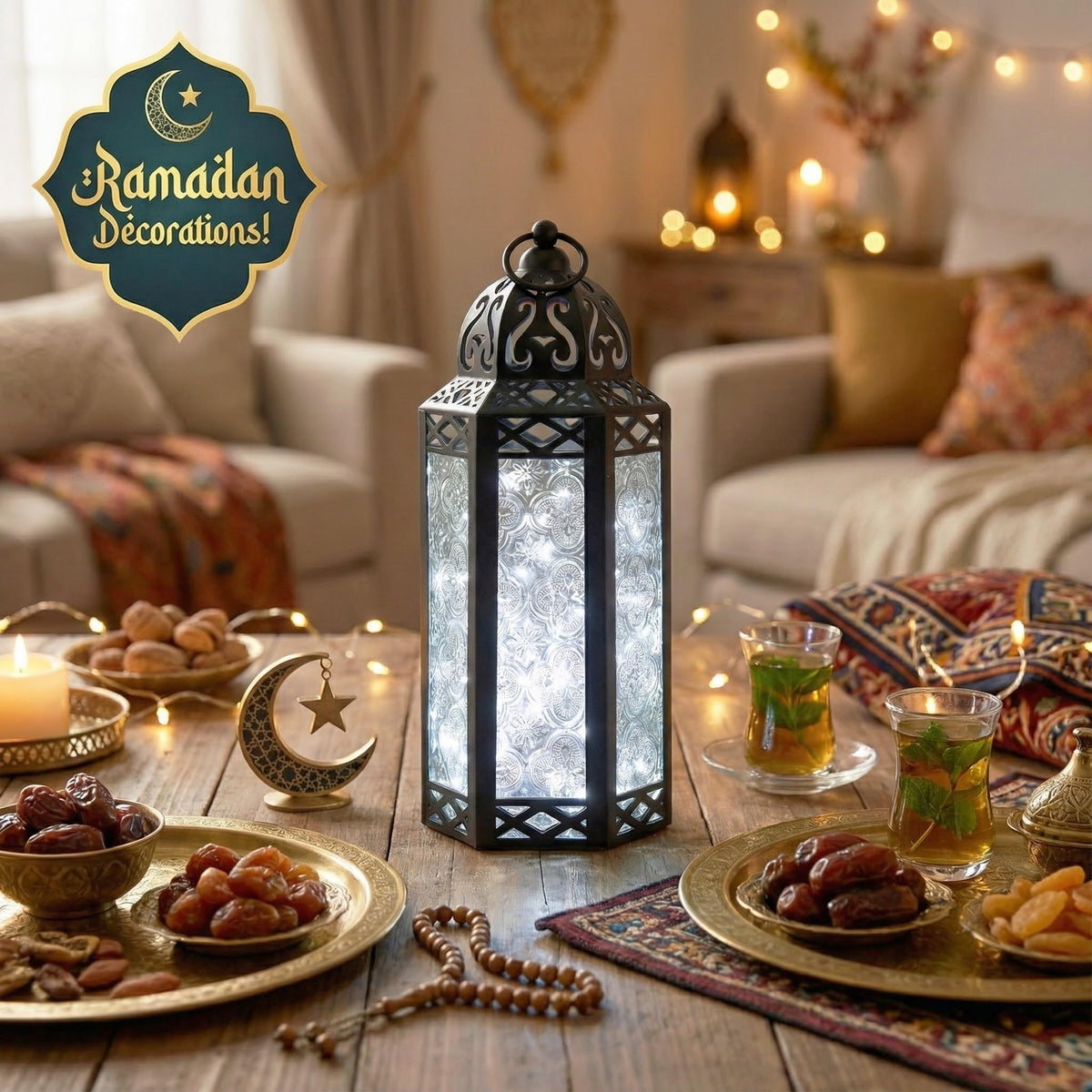 Vela Lanterns Decorative Indoor Moroccan Candle Holder & LED Fairy Lights -Twinkle Turkish Lamp, Fantasy Home Decor Table Centerpieces, Hanging Outdoor Patio Porch Wedding Ramadan (10.5", Clear)