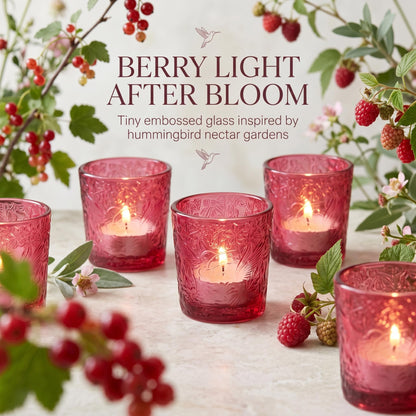 6 Pack Hummingbird Embossed Glass Candle Holders Votive Tealight Holders with Patent Design, Decorative Glass Cups for Wedding Centerpieces, Parties, and Home Decor (Wildberry Red)
