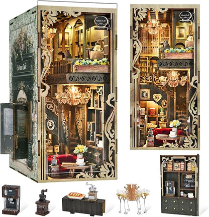 Book Nook Kit DIY Miniature Dollhouse Book Nook Kit with Dust Cover and LED Light (Saisons Café)