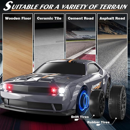 Mini RC Drift Car 1/43 2.4GHz RC Drift Cars with Gyro 4WD Full Proporitonal High Speed Remote Control Car with LED Lights and Drifting Tires Hobby Racing Cars for Adults Kids Boys Sliver