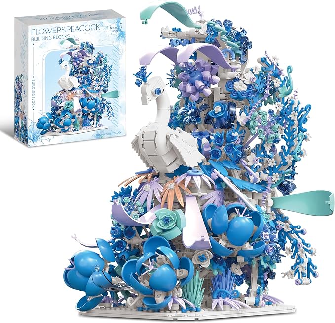 Blue Flowers Peacock Building Set for Adults - Creative Animal Botanicals Peacock Bird Toy Home Office Art Deocr Compatible with Lego for Women Mom (2470 PCS)