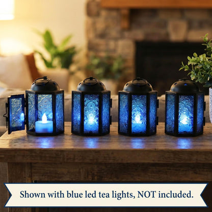 Vela Lanterns Tea Light Candle Holders, Votive Holders, Mini Moroccan Lamps, Decorative Metal Hanging Candle Lantern, Table Centerpieces, Small Indoor Shelf Decor, Turkish Ramadan Decor, 16pc, Blue